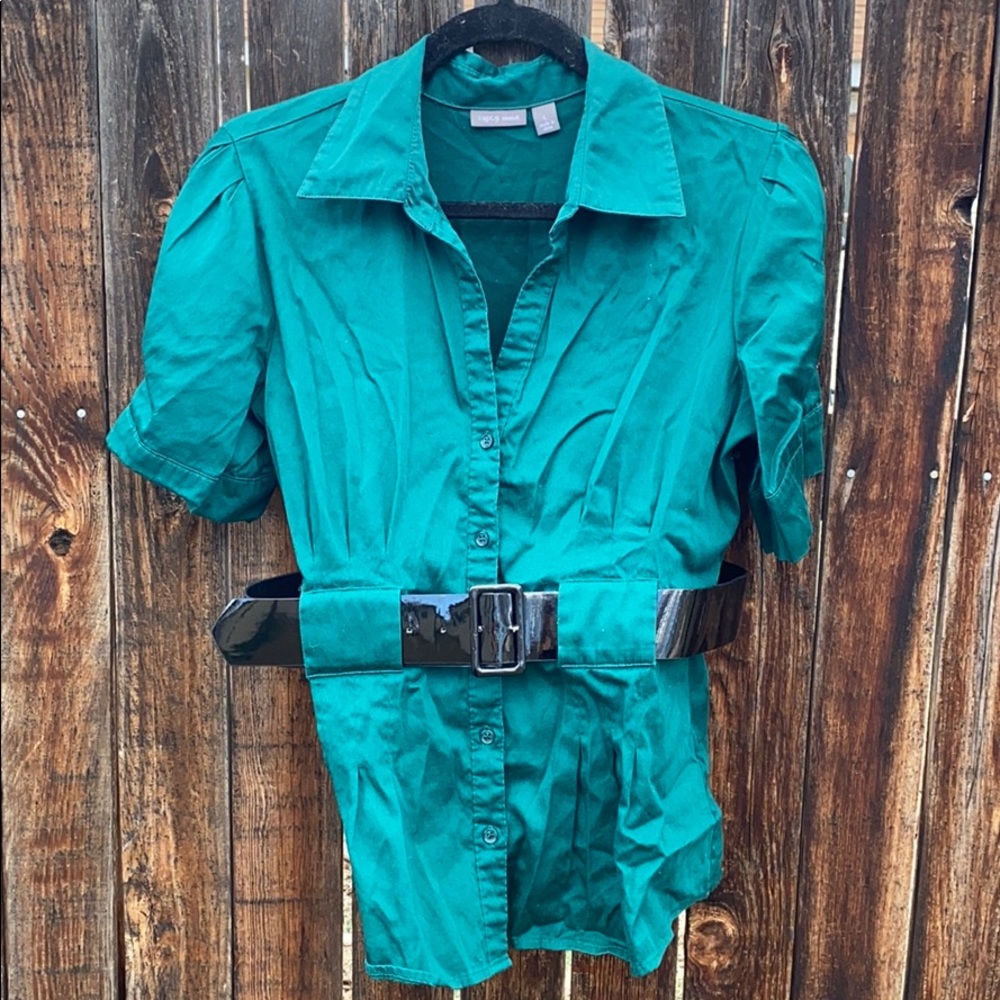 belted green peplum style button down